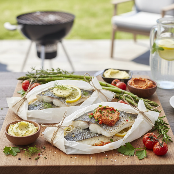 Grilled Sea Bass en Papillote with Flavorful Compound Butters recipe