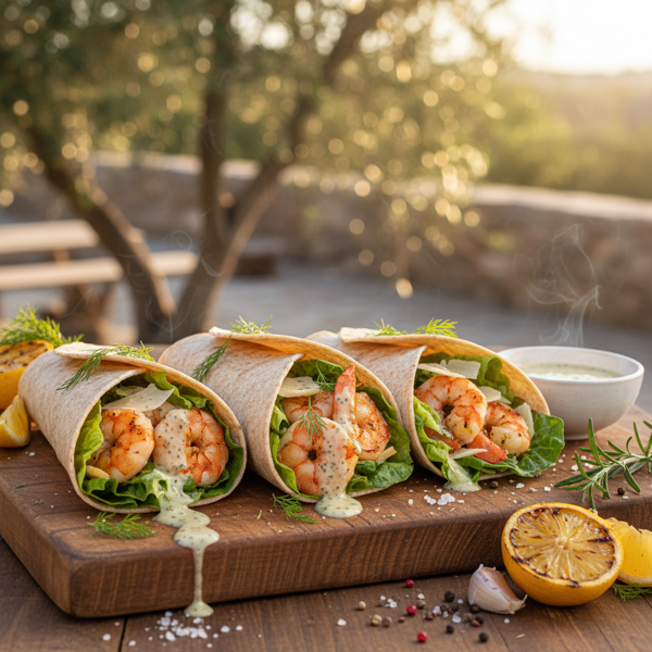Grilled Shrimp Caesar Wraps with Garlic Lemon Dressing recipe
