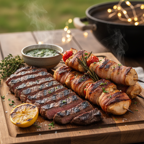Grilled Skirt Steak and Bacon-Wrapped Chicken Skewers recipe