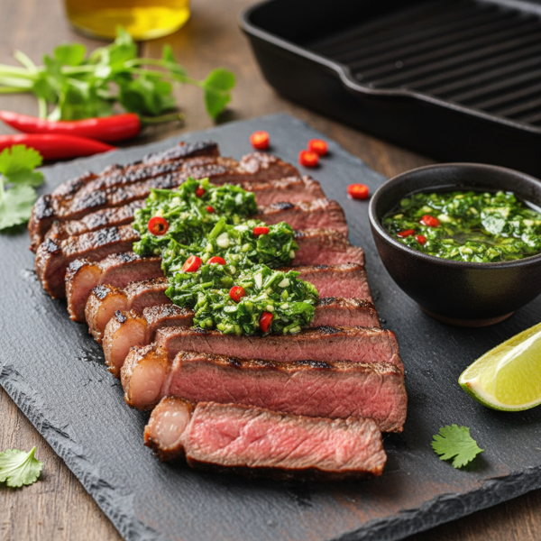 Grilled Skirt Steak with Cilantro Red Chile Chimichurri recipe