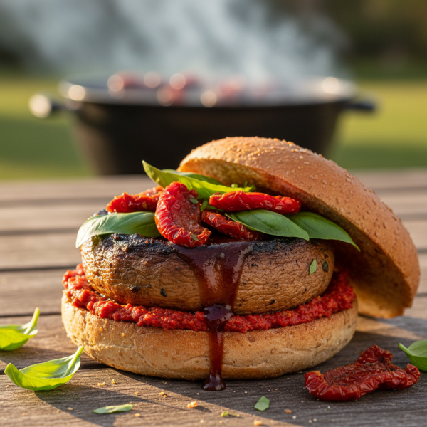 Grilled Smoky Portabella Burger with Sun-Dried Tomatoes and Fresh Basil recipe