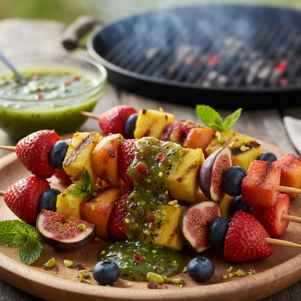 Grilled Summer Fruit Skewers with Spiced Kiwi Glaze recipe