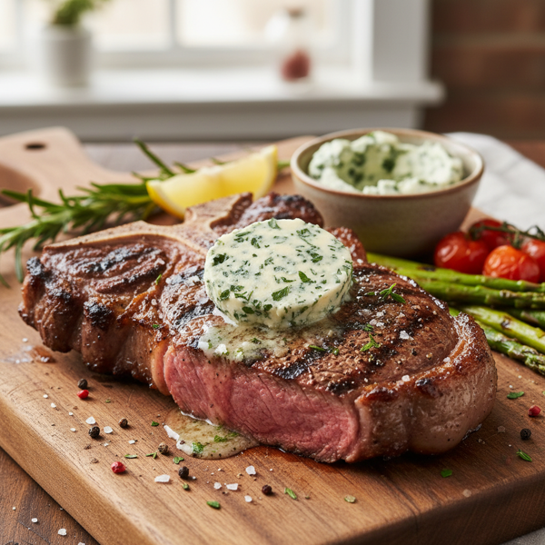 Grilled T-Bone Steak with Savory Blue Cheese Herb Butter recipe