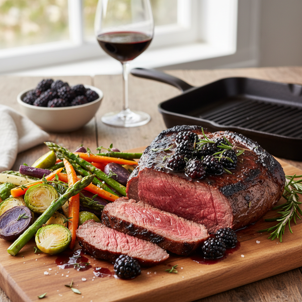 Grilled Tri-Tip Roast with Blackberry Wine Marinade and Seasonal Veggies recipe