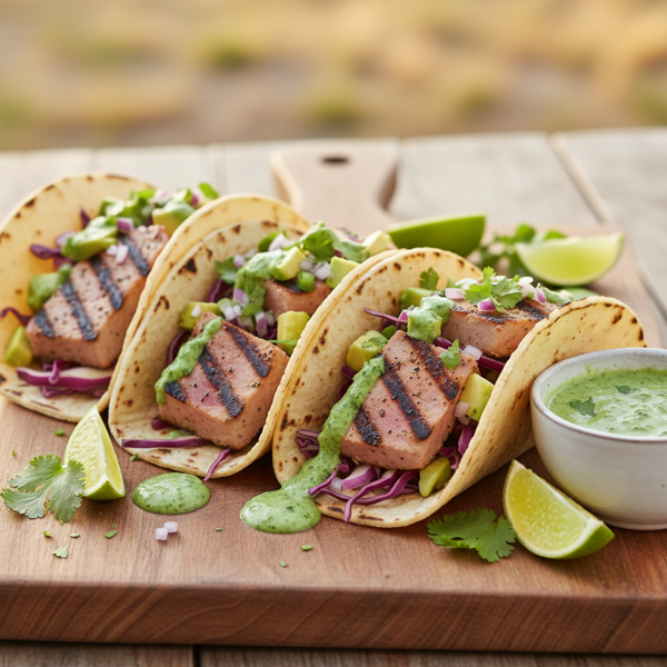 Grilled Yellowfin Tuna Tacos with Cilantro Sauce recipe