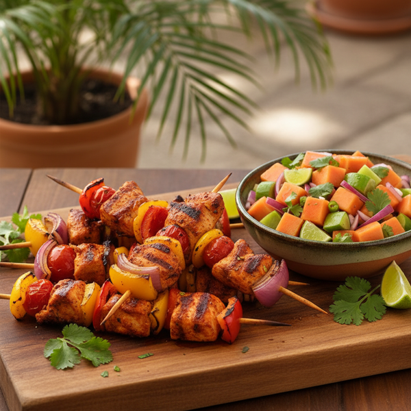 Grilled Yucatan Chicken Skewers with Tropical Papaya-Tomatillo Salsa recipe