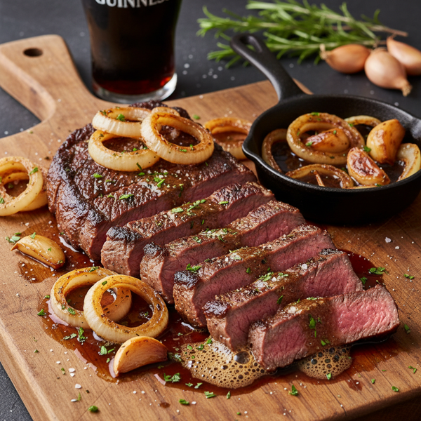 Guinness-Infused Skirt Steak with Caramelized Garlic and Onion recipe