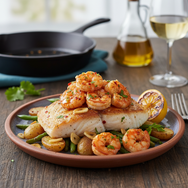 Halibut with Spanish Garlic-Shrimp Medley recipe