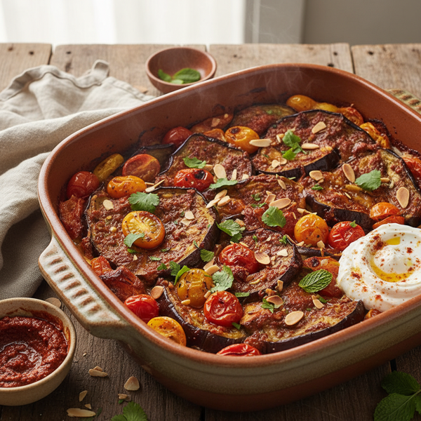 Harissa-Spiced Moroccan Eggplant Bake with Tomato Medley recipe