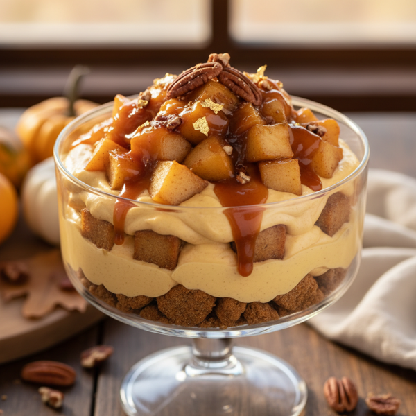 Harvest Elegance Trifle with Roasted Apples, Pears, and Pumpkin-Caramel Drizzle recipe