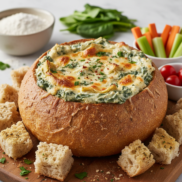 Healthy Spinach Artichoke Dip in a Whole Wheat Bread Bowl recipe