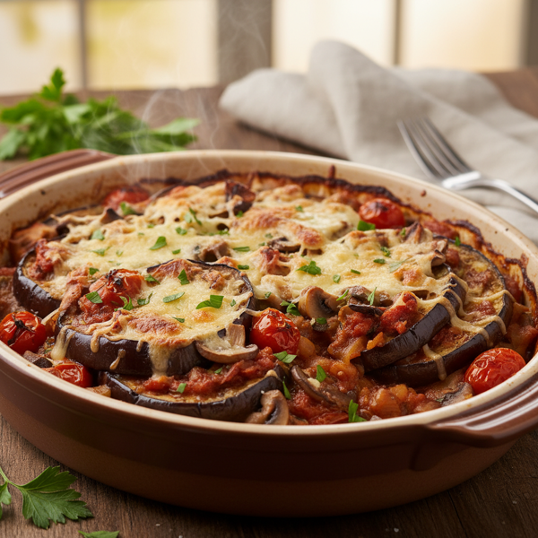 Hearty Baked Eggplant with Savory Mushroom-Tomato Layered Sauce recipe