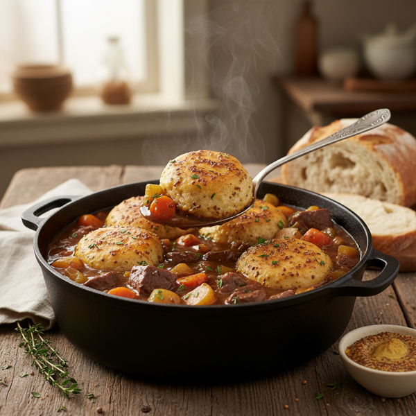 Hearty Beef Stew with Savory Mustard Dumplings recipe