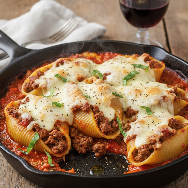 Hearty Beef and Three-Cheese Stuffed Pasta Shells recipe
