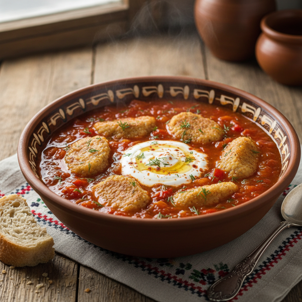 Hearty Bulgarian Tomato & Couscous Dumpling Soup recipe