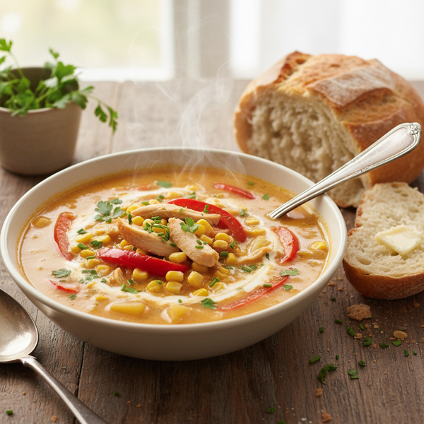 Hearty Chicken & Roasted Red Pepper Corn Chowder recipe