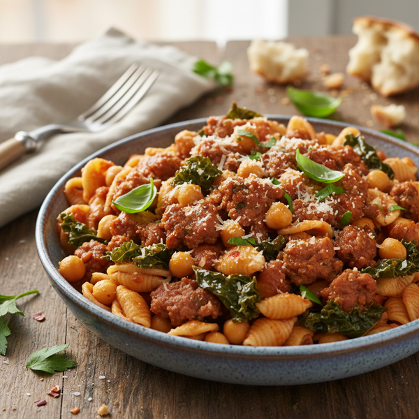 Hearty Chickpea and Sausage Pasta with Kale recipe