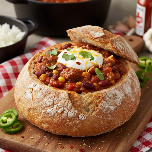 Hearty Chili Bread Bowl recipe