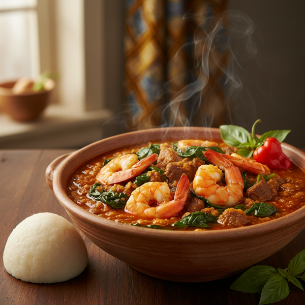 Hearty Egusi Soup with Shrimp and Spinach recipe