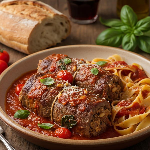 Hearty Italian Beef Braciole with Tomato Basil Sauce recipe