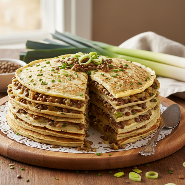 Hearty Leek and Lentil Crepe Cake recipe