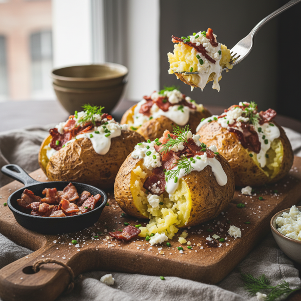 Hearty Loaded Baked Potatoes with Feta and Bacon recipe