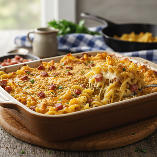 Hearty Pennsylvania Dutch Ham & Cheddar Noodle Bake recipe