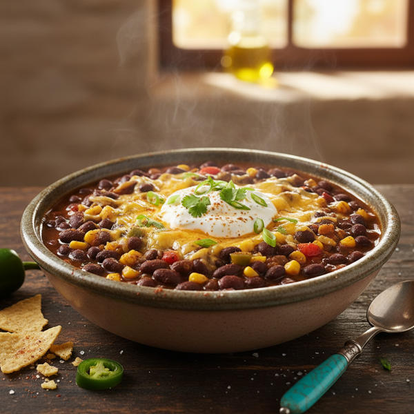 Hearty Southwestern Black Bean Chili with Cheddar and Cream recipe