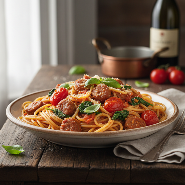 Hearty Spaghetti with Italian Sausage, Spinach, and Tomatoes recipe