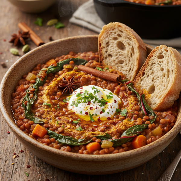 Hearty Spiced Lentil and Swiss Chard Stew recipe