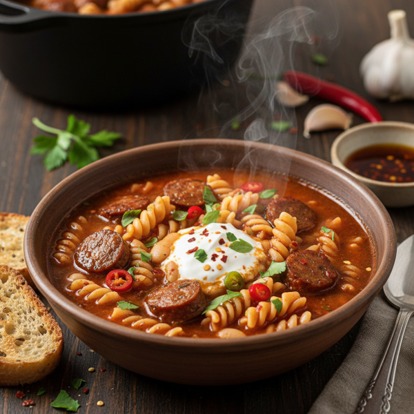 Hearty Spicy Sausage and Bean Pasta Soup recipe