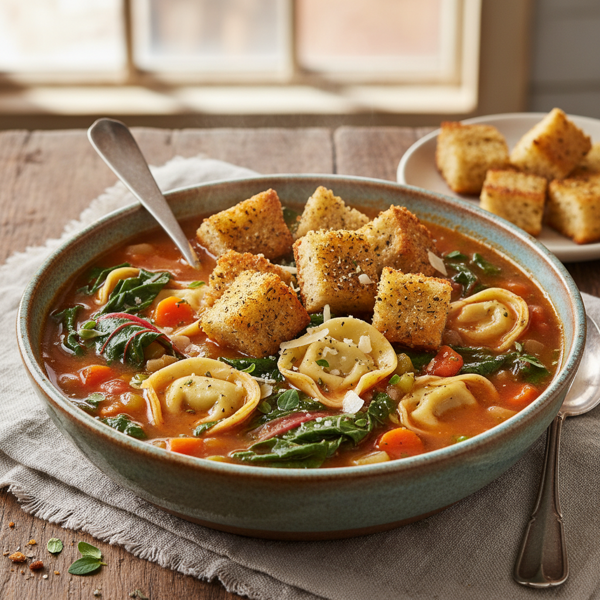 Hearty Swiss Chard and Tortellini Soup with Rustic Garlic Croutons recipe