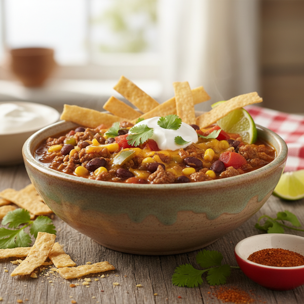 Hearty Taco Soup with Crispy Tortilla Strips recipe