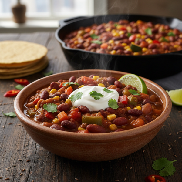 Hearty Three-Bean Vegetable Chili recipe