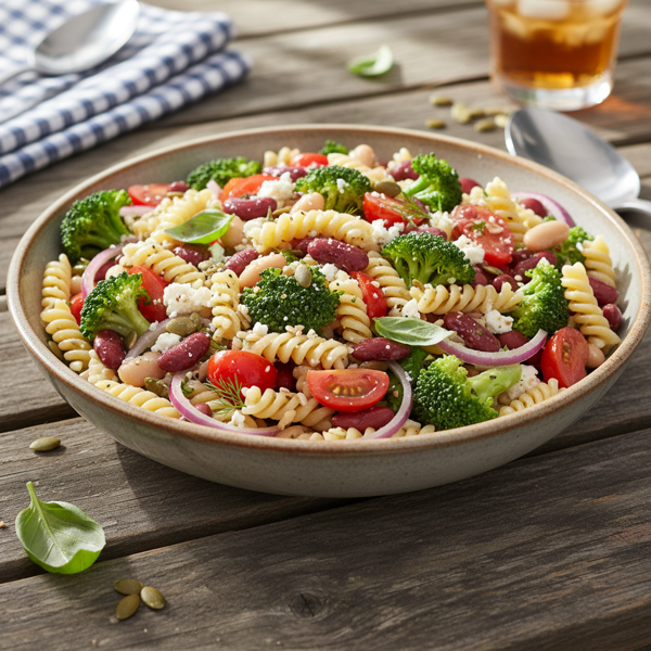 Hearty Three Bean and Broccoli Pasta Salad recipe