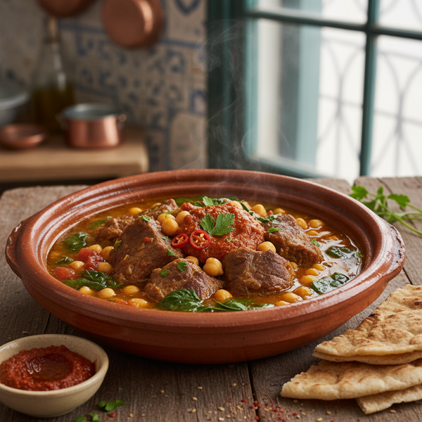 Hearty Tunisian Beef Stew with Chickpeas and Spinach recipe