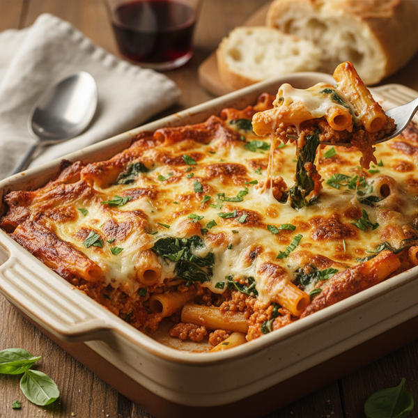 Hearty Turkey and Spinach Mostaccioli Bake recipe