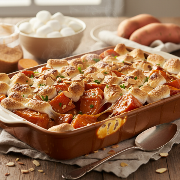 Heavenly Brown Sugar Glazed Sweet Potatoes with Toasted Marshmallows and Almonds recipe