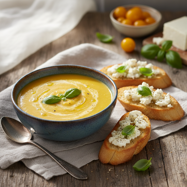 Heavenly Yellow Tomato Basil Soup with Goat Cheese Crostini recipe