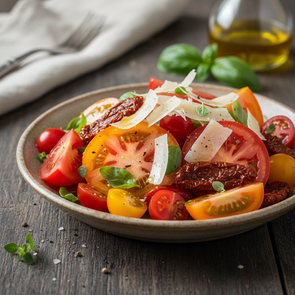 Heirloom Tomato and Sun-Dried Tomato Medley with Parmesan Shavings recipe