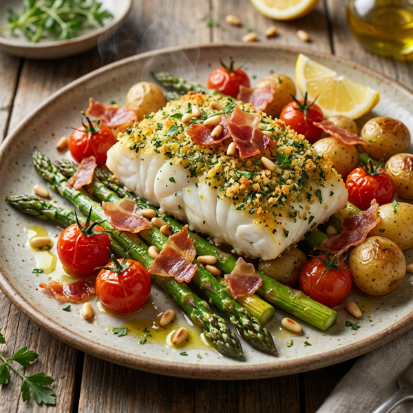 Herb-Crusted Baked Cod with Roasted Vegetables, Prosciutto, and Pine Nuts recipe