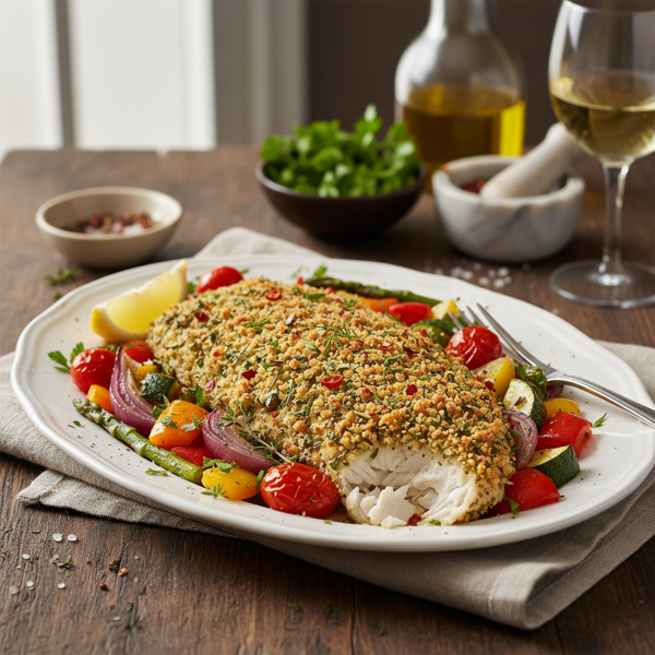 Herb-Crusted Baked Tilapia with Roasted Vegetables recipe