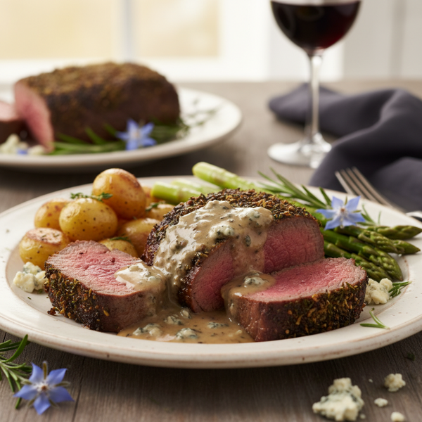 Herb-Crusted Beef Tenderloin with Blue Cheese and Madeira Sauce recipe
