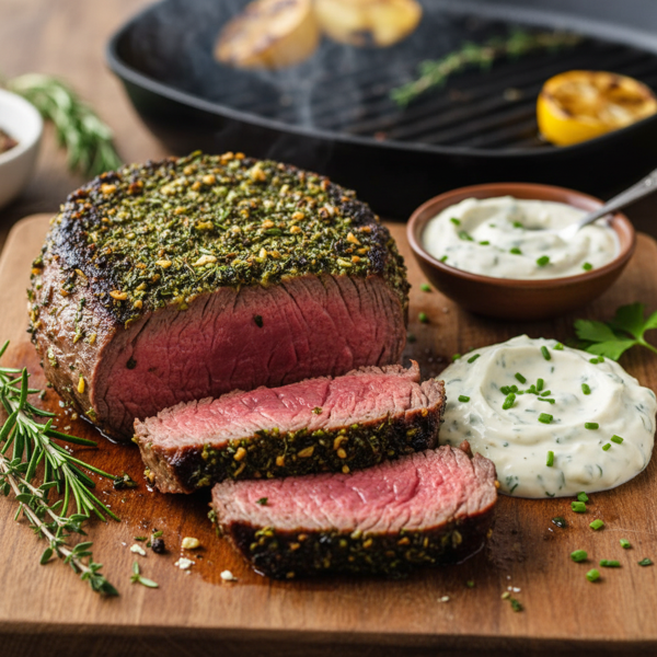 Herb-Crusted Grilled Beef Tenderloin with Creamy Horseradish Sauce recipe