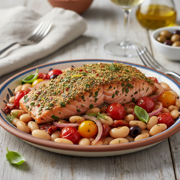 Herb-Crusted Mediterranean Salmon with Cannellini and Tomatoes recipe