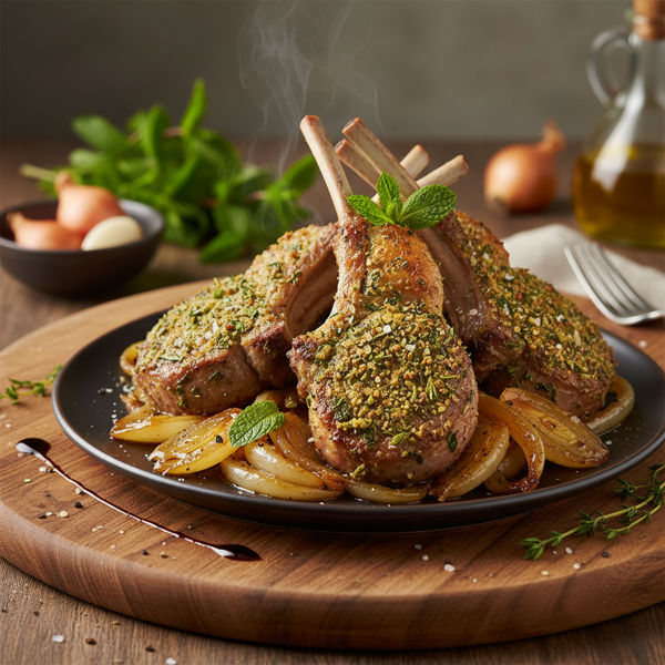 Herb-Crusted Mint Lamb Chops with Sweet Caramelized Shallots recipe