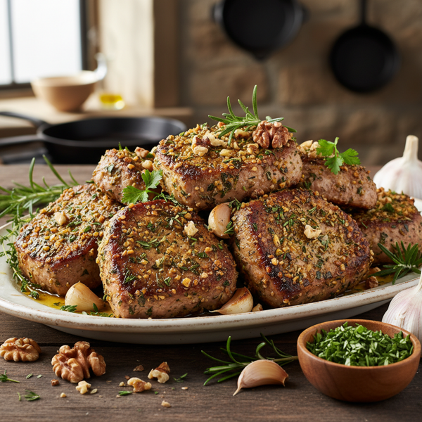 Herb-Crusted Pork Cube Steaks with Garlic and Walnuts recipe