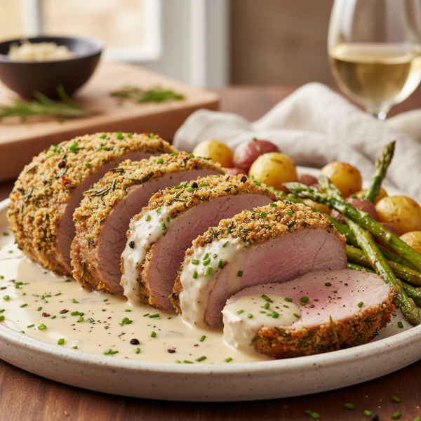 Herb-Crusted Pork Tenderloin in Creamy White Wine Sauce recipe