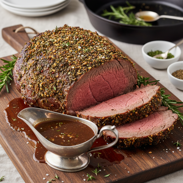 Herb-Crusted Ribeye Roast with Savory Au Jus recipe