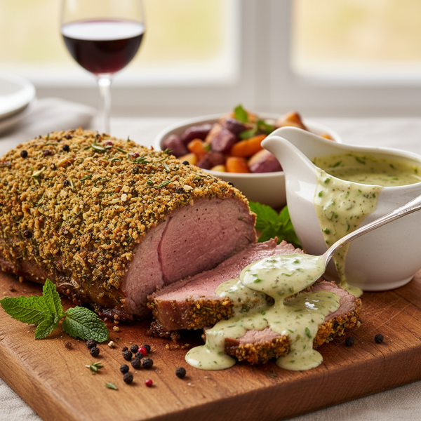 Herb-Crusted Roast Lamb with Peppercorn and Jalapeño Mint Sauce recipe
